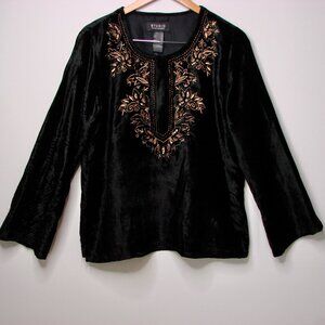 Black Velvet Tunic Top Gold Embroidery Boho Peasant Studio by Liz Claiborne XL